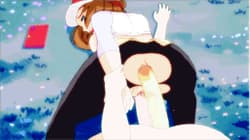 2girls all_fours anal anal_insertion animated animated_gif anus aqua_eyes arm_grab ass ass-to-ass backboob black_legwear blush bouncing_breasts breasts brown_hair clothed_sex dildo double_bun double_dildo double_penetration ejaculation female_orgasm femal'