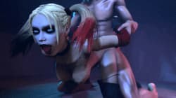 abs ahe_gao all_fours anal animated artist_request batman:_arkham_city batman_(series) blonde_hair blue_eyes bouncing_breasts collar dc doggy_style eyeshadow female from_behind fucked_silly hanging_breasts harley_quinn holding_hands human lipstick male nu'